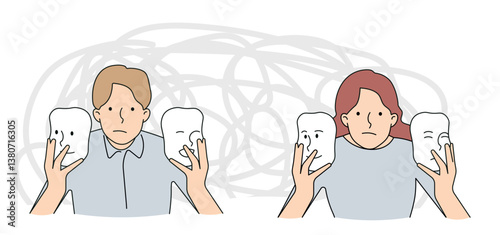 Man and woman wear a false mask of emotions. The concept of lies and deception