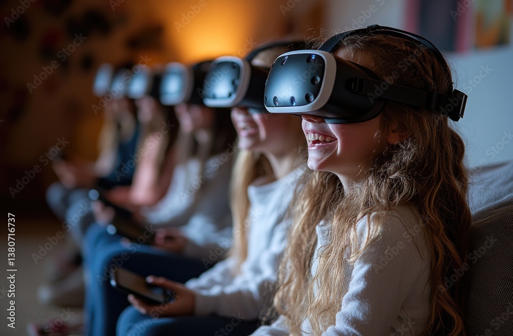 Children Experiencing Virtual Reality Together in Warm Indoor Lighting Children Experiencing Virtual Reality Together in Warm Indoor Lighting