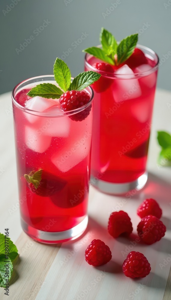 Two glasses of vibrant raspberry mojito, ice cubes glistening on light wood , fresh, lime Two glasses of vibrant raspberry mojito, ice cubes glistening on light wood , fresh, lime
