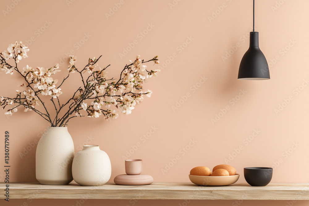 minimalist interior scene featuring pastel beige pink wall adorned with decorative vases, branch of flowers, and stylish pendant light. arrangement includes bowls with fruits, creating serene