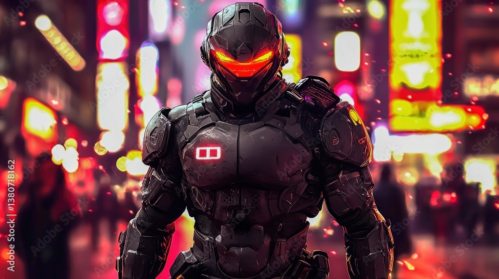A formidable armored figure with glowing eyes stands in a futuristic, neon-lit city environment.