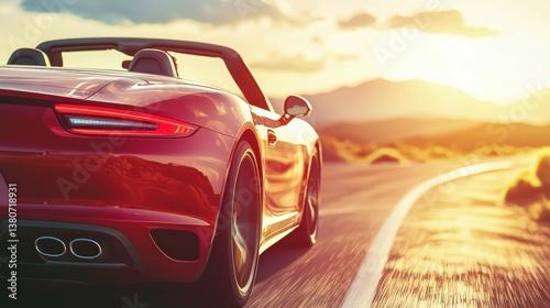 A vibrant red convertible speeds along a desert highway with a stunning sunset backdrop.