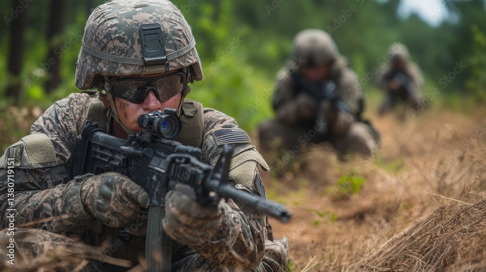 Fototapeta premium Soldiers learning tactical movement in urban warfare training, navigating through simulated warzones,