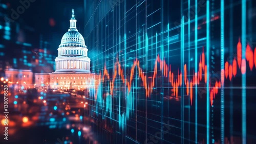 Double exposure of the u.scapitol and stock market graph symbolizing economic governance shifts photo