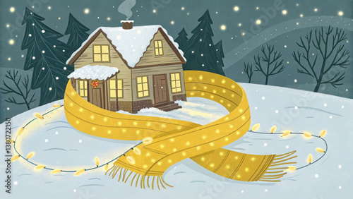 Cozy house wrapped in a yellow scarf during winter. A small house nestled in snow, encircled by a warm yellow scarf amidst twinkling lights, creating a winter wonderland ambiance.
