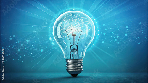 Creative light bulb abstract on glowing blue background