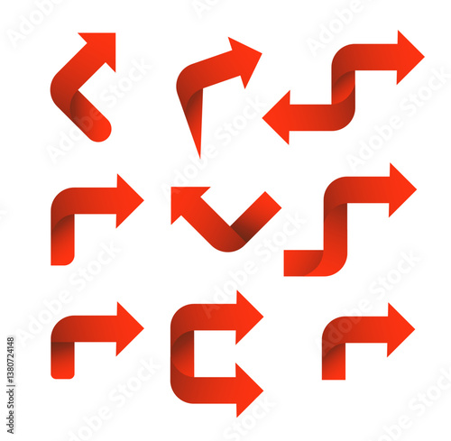 Set red arrow 3D icons pointing up down left right. Vector