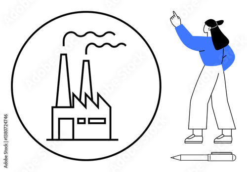 Factory building emitting smoke in circular frame, a woman pointing upwards, pen below Ideal for industry, environment, planning, development, manufacturing, strategy sustainability. Simple flat