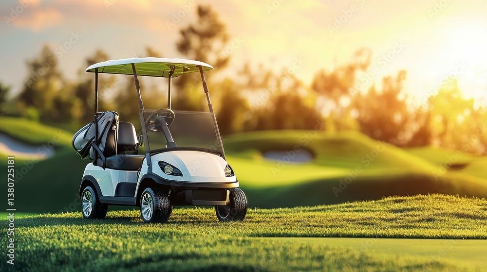 A pristine golf cart sits ready for a sunny game on a beautifully manicured green course. A pristine golf cart sits ready for a sunny game on a beautifully manicured green course.