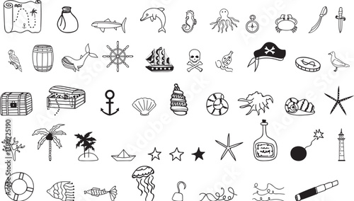 vector set of doodle piracy elements, marine icons