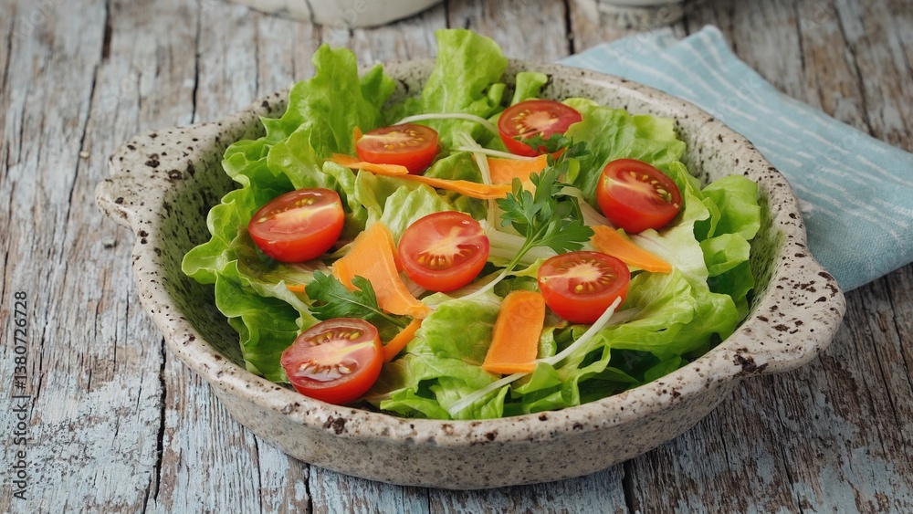 A colorful salad bowl filled with crisp lettuce, juicy tomatoes, and crunchy carrots A colorful salad bowl filled with crisp lettuce, juicy tomatoes, and crunchy carrots