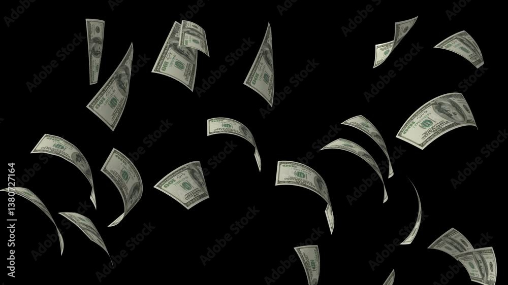 Money falling on black transparent background, Money rain green screen, a falling rain of dollar money with green screen alpha channel horizontal