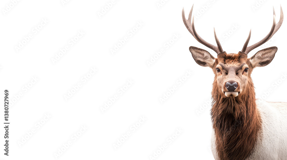 Fototapeta premium Striking deer portrait, majestic white and brown buck on a black background
