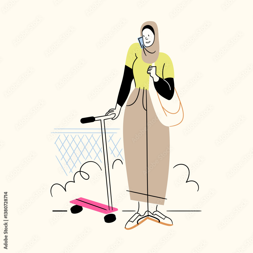 Hijabi Mother Holding Children's Scooter At School Gates Character Design