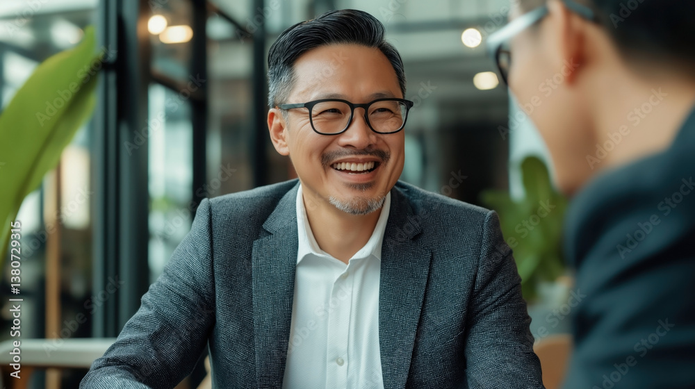 Asian businessman in glasses smiling during a conversation in a modern office setting. Asian businessman in glasses smiling during a conversation in a modern office setting.