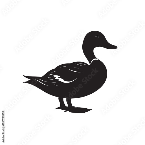 A female mallard duck, a wild waterfowl with green feathers, stands isolated on white