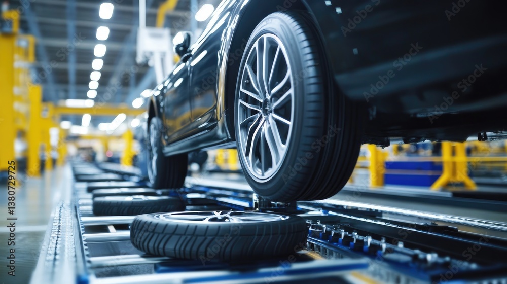 Fototapeta premium Car tire balancing and testing station in an automotive production facility.