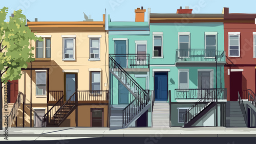 Montreal's Plateau with Poetic Murals on Row Houses in Vector Art.eps
