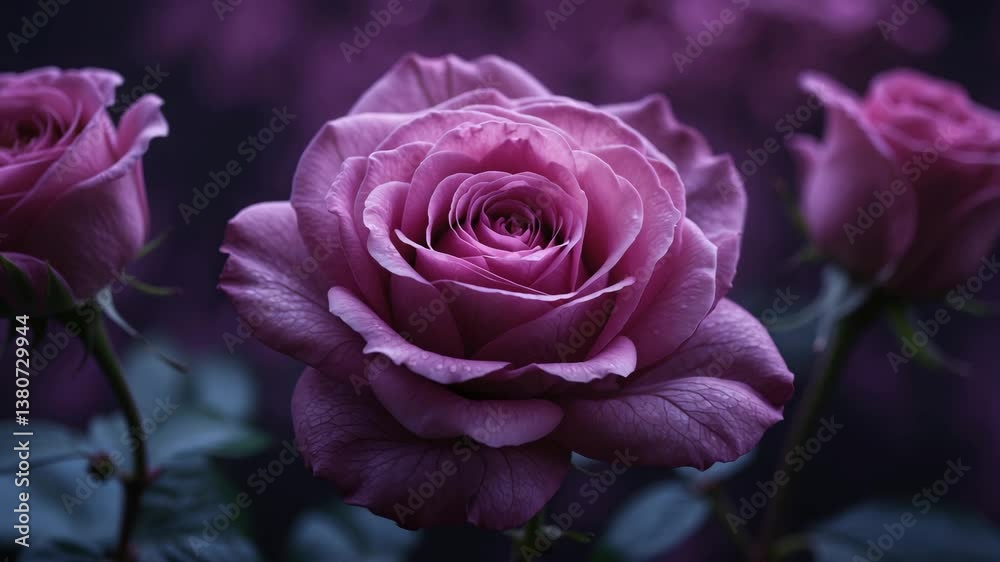 Stunning backdrop of pink roses. Close-up of a blooming magenta rose. Natural rose scenery. Surreal fantasy luxurious backdrop. Concept of elegance, opulence, and romance.