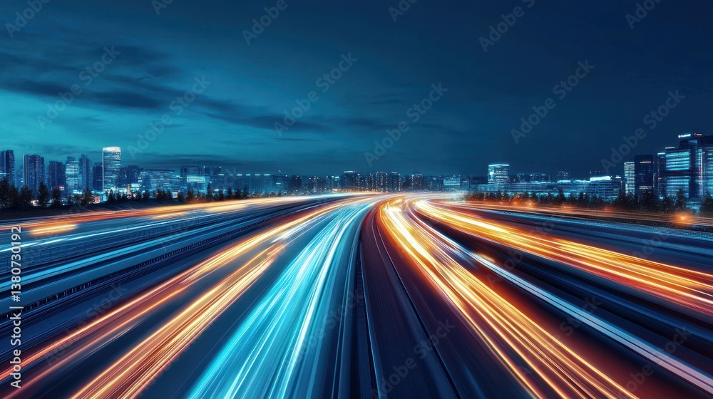 Highway at Night with Motion Blur Light Trails and City Skyline Highway at Night with Motion Blur Light Trails and City Skyline