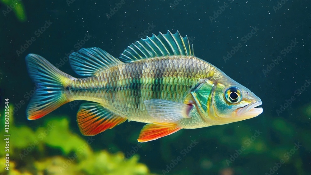 A fish swims in calm water, suitable for use as a background or illustration A fish swims in calm water, suitable for use as a background or illustration