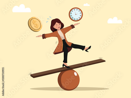 Work-Life Balance Struggles Depicted by a Businesswoman Balancing on a Seesaw Between Time and Money.
