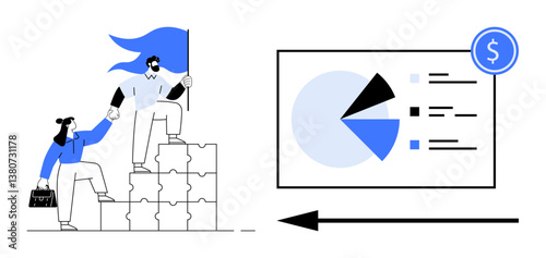 Two people collaborate to climb stacked puzzle pieces, waving a flag, beside a chart with pie and financial growth icons. Ideal for teamwork, success, leadership, growth, strategy, planning finance