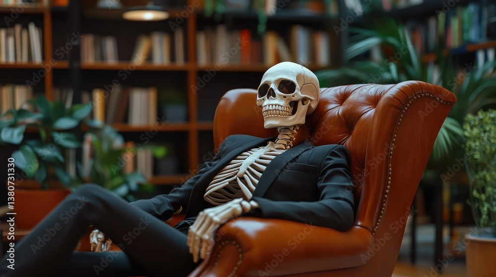 Obraz premium A skeleton dressed in a suit sits in a black leather armchair