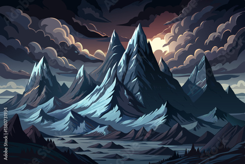 mountain peaks covered in mist under a stormy sky, mountains landscape