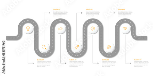 Infographic roadmap design template. Business Timeline of 7 Important Business Events annual business presentation. Vector illustration