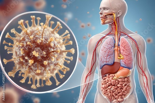 Hantavirus infectious disease illustration, featuring human body and virus cell