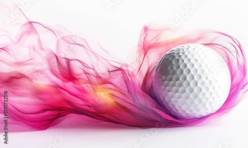 Golf ball wrapped in pink abstract flowing fabric on white