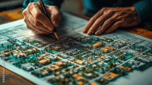 Architect Designing Urban City Layout with Detailed Blueprint and Pen