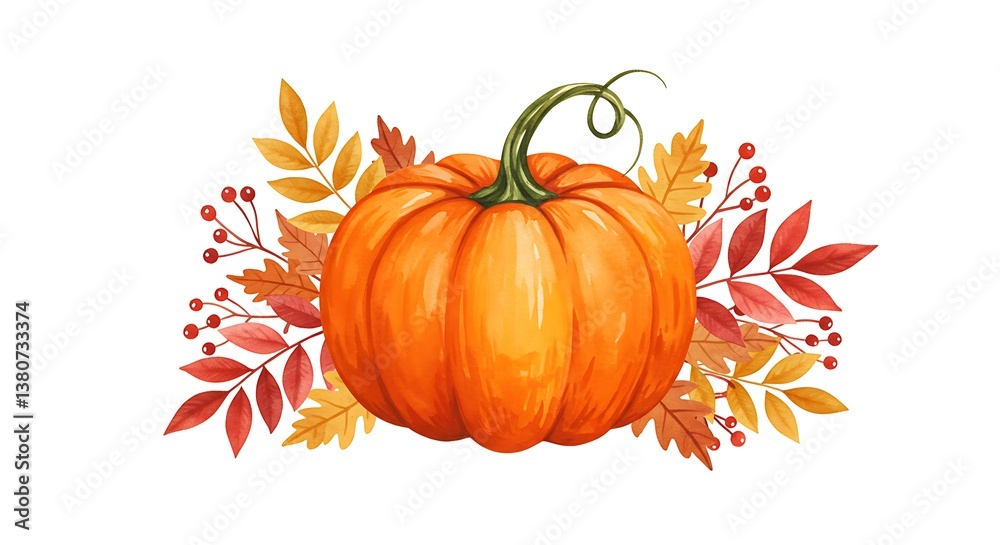 Naklejka premium Autumn Pumpkin with Fall Leaves Watercolor Illustration AI Generated