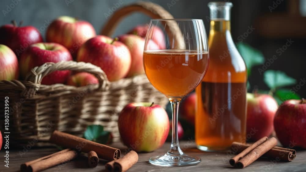 Apple cider served in a wine glass and bottle, accompanied by cinnamon sticks and fresh apples on a wooden table. Apple cider served in a wine glass and bottle, accompanied by cinnamon sticks and fresh apples on a wooden table.