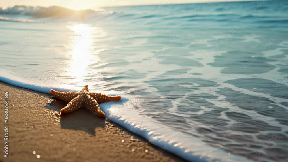 Starfish in shallow ocean water with foamy waves and bright sunlight creating a warm atmosphere