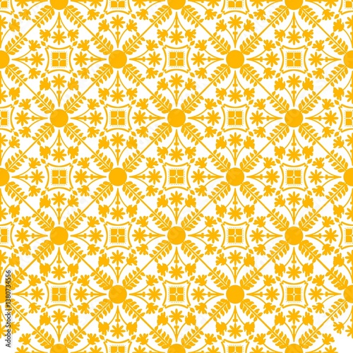 American ethnic tribal fabric features a soft floral pattern in warm yellow tones, beautifully ethnic contrasted against a clean white background. Its modern yet delicate aesthetic makes it ethnic ide