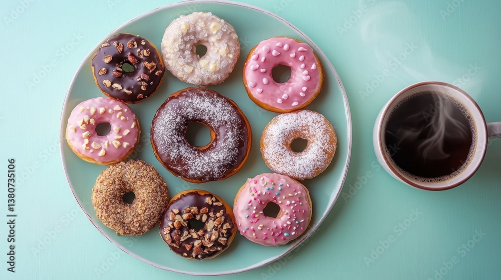 Assorted Donuts with Coffee Cup on Pastel Green Background Assorted Donuts with Coffee Cup on Pastel Green Background