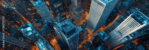 Aerial view of a vibrant modern business district at dusk, with tall glass skyscrapers illuminated by city lights, captured in long exposure style with vivid blue and orange hues.