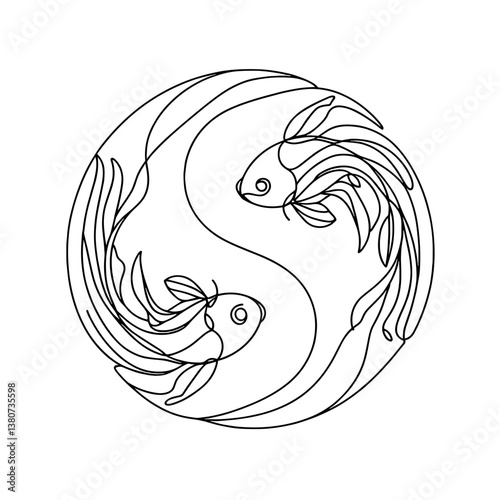 Two goldfish as a yin and yang symbol, vector, black line drawing, minimalistic, single line, simple line, isolated, transparent background 