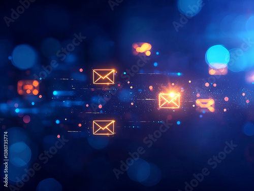 Digital communication concept with glowing email icons and vibrant blue background, symbolizing newsletter automation