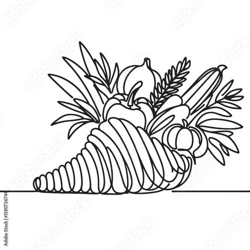 Cornucopia, vector, black line drawing, minimalistic, single line, simple line, isolated, transparent background 