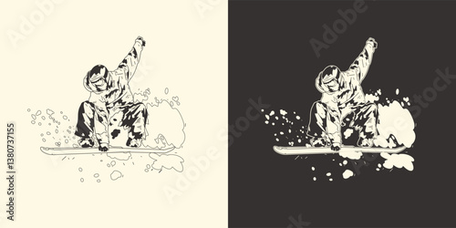 Snowboarding. Vector illustration of a jumping snowboarder. A snowboard athlete performs a trick. 02