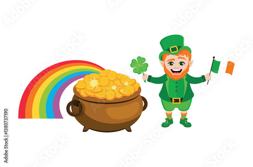 Happy leprechaun with pot of gold coins vector illustration. Cheerful leprechaun, cauldron full of coins and rainbow cartoon. Smiling leprechaun with clover icon set on a white background