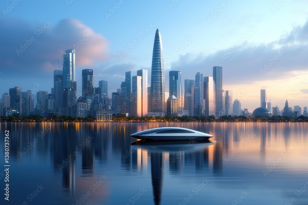 renewable energy, clean, climate, Modern skyline with a futuristic boat on reflective water at sunset. renewable energy, clean, climate, Modern skyline with a futuristic boat on reflective water at sunset.