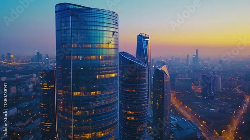 Aerial view of a vibrant modern business district at dusk, with tall glass skyscrapers illuminated by city lights, captured in long exposure style with vivid blue and orange hues.