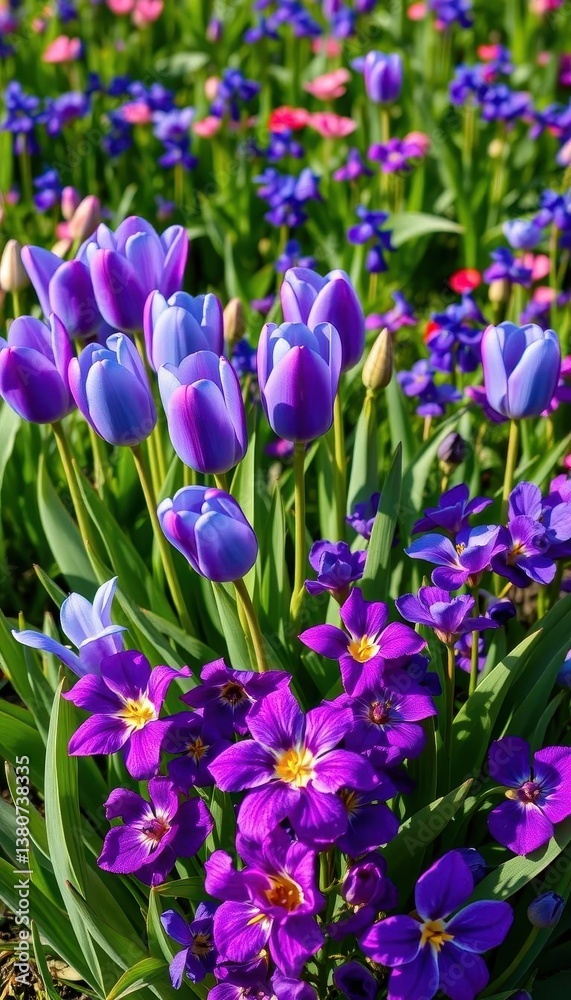 Vibrant blue-purple tulips & violets in a lush green spring field bouquet, elegant, beautiful, vibrant Vibrant blue-purple tulips & violets in a lush green spring field bouquet, elegant, beautiful, vibrant