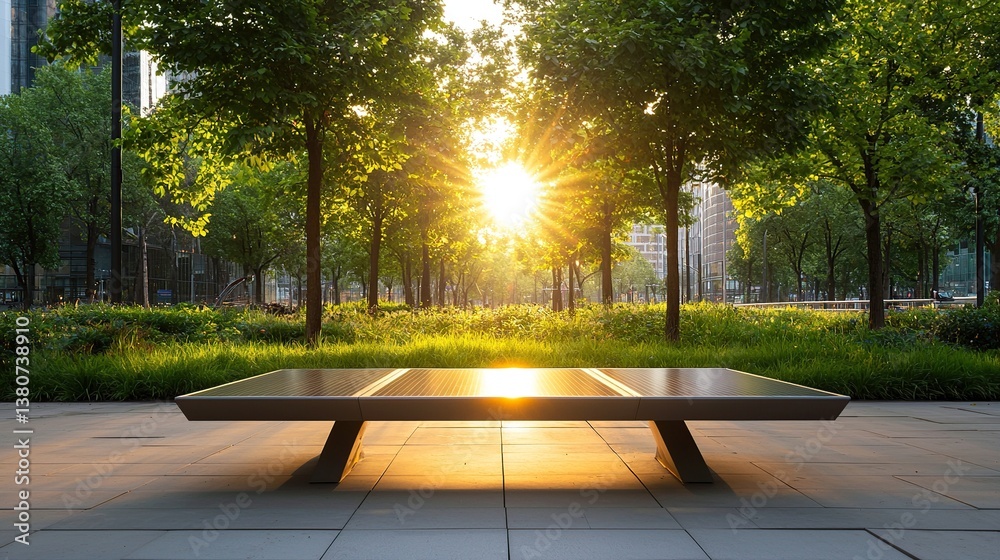 Fototapeta premium renewable energy, clean, climate, A bench under sunlight surrounded by trees in an urban park setting.