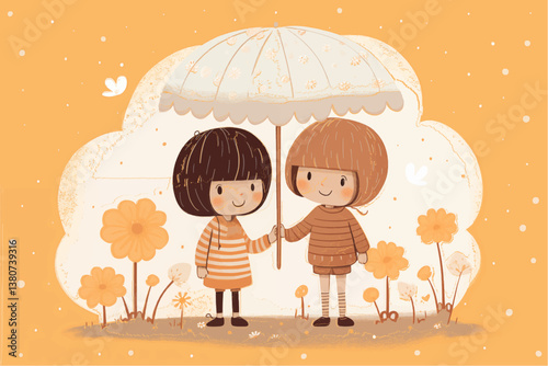 girl and boy with Friendly Mood Under Parasol against Orange Background