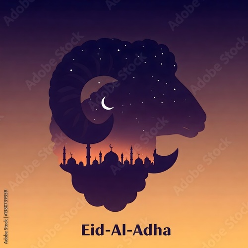 Eid al-Adha Graphic with Ram Silhouette and Mosque Scene